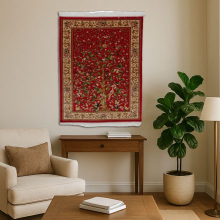 Hedvábný koberec Motiv stromu života karmínově červená 100x150 vysoce kvalitní viskózový hedvábný koberec z Íránu
