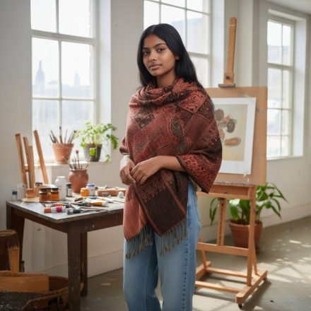 Šál s orientálním vzorem 215x105 fialově hnědý bavlněný šátek