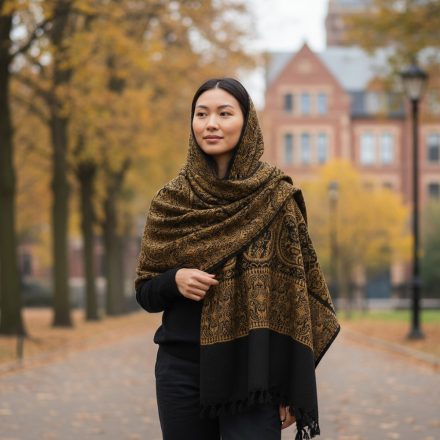 Šátek černý zlatý 215x105 velká dámská šála z bavlny