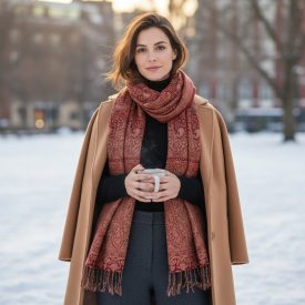   Elegantní dámský šátek 215x105 v barvě bordó béž s autentickým vzorem