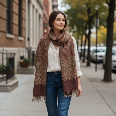 Šátek s orientálním vzorem hnědý 215x105 bavlněný šátek